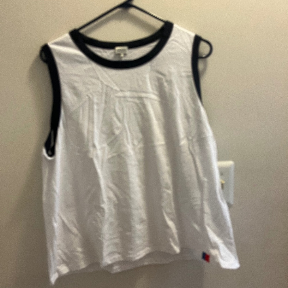 Womens White tank top with Navy Blue Rim
